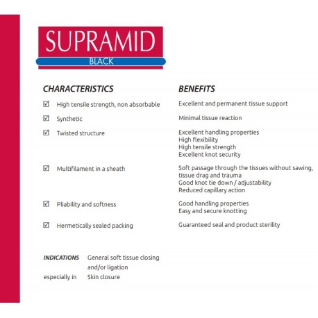 Supramid suture 3-0, DS 19 mm nål, 75cm, sort, non-resorp., 12 stk.